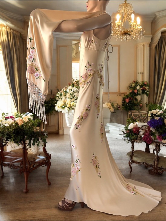 Sue Wong Dresses & Skirts - Old Hollywood romance vintage Sue Wong 90s champagne silk rose embroidered gown